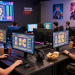 Interactive gaming scene featuring enthusiastic players at https://gravatar.com/playbook88official showcasing vibrant SLOT Online visuals.