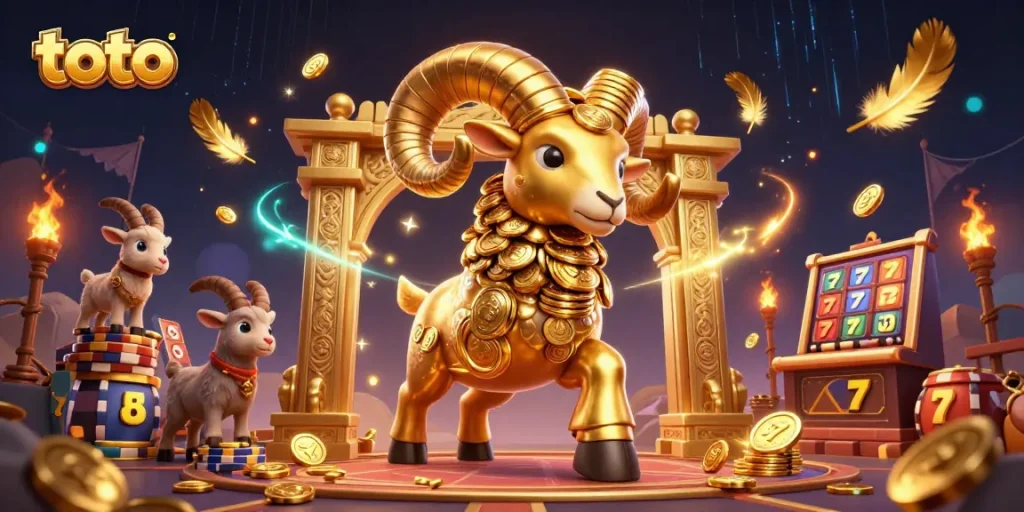 Ram emas berwarna 3D memimpin aksi di arena toto, kelimpahan koin dan elemen permainan lainnya menyertai