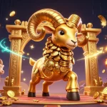 Ram emas berwarna 3D memimpin aksi di arena toto, kelimpahan koin dan elemen permainan lainnya menyertai