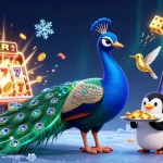 Experience the excitement of tỷ lệ kèo nhà cái 5 with a dazzling casino scene featuring a peacock and fluttering gems.