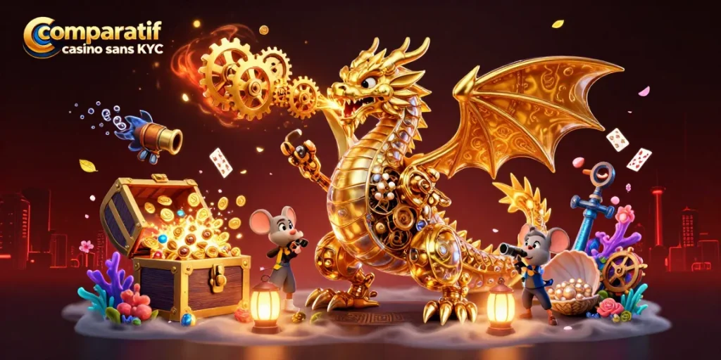 Comparatif casino sans KYC : découvrez une illustration 3D animée du monde du jeu avec un dragon et des éléments de casino.