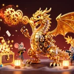 Comparatif casino sans KYC : découvrez une illustration 3D animée du monde du jeu avec un dragon et des éléments de casino.