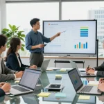 Team collaborating in a modern office at https://rtischeduler.co.uk/ with charts and digital tools.