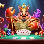 Xoilac tv showcases an emperor crab presiding over a vibrant poker scene overflowing with action and golden chips.