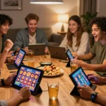 Group enjoying gaming night with website resmi wd138 slot games, vibrant atmosphere and excitement.
