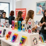 Engaging retail scene featuring diverse customers exploring vibrant acrylic stand displays, focusing on custom acrylic standees and keychains.