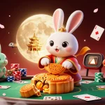 Visualisez des casinos en ligne animés où un lapin de lune crée des jetons de poker à l'intérieur de gâteaux de lune.