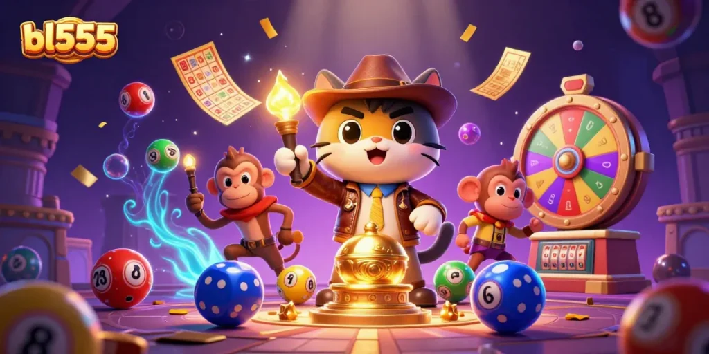 Experience the excitement of fortune at bl555 with a 3D scene filled with vibrant casino elements and adventure!