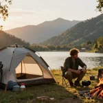 Explore rokok88's adventure gear at a scenic campsite with campers setting up tents.