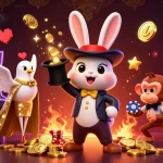 Experience thrilling gaming at fv88 with a cartoon magician and vibrant casino elements.