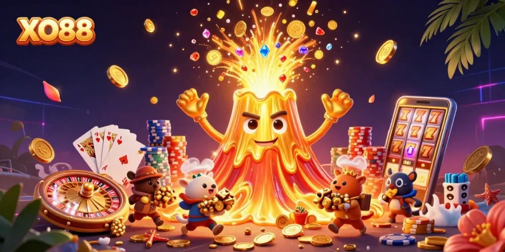 Experience the thrill of XO88 with a golden volcano, coins, and gaming elements.