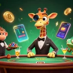 Découvrez les nouveaux casinos en ligne avec une illustration dynamique d'une girafe high-roller, des jetons et des cryptomonnaies.