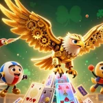Illustration dynamique représentant un casino retrait rapide avec un aigle cybernétique et des éléments de jeu.