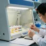 Researcher analyzing lyophilized peptide vial in a lab environment, emphasizing scientific study and precision.