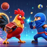 Bet on intense moments with UU666: Twin roosters clash with sports elements in a lively arena.