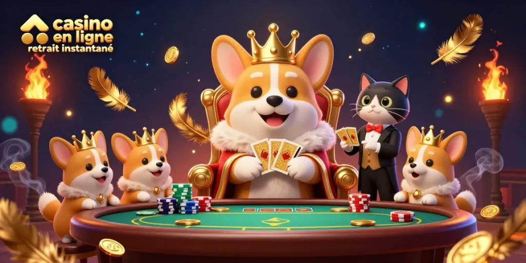 Visuel saisissant d'un casino en ligne retrait instantané avec un corgi royal sur un trône de jetons et un majordome chat présentant des cartes.