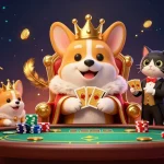 Visuel saisissant d'un casino en ligne retrait instantané avec un corgi royal sur un trône de jetons et un majordome chat présentant des cartes.